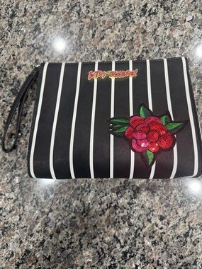 Betsey Johnson Black & White Striped Wristlet with Red Sequin Floral Patch